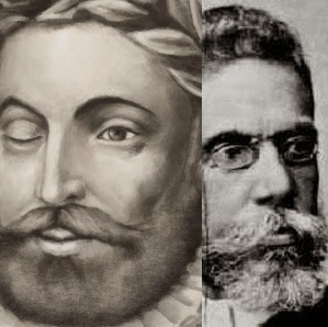 Imagem mostrando o busto de Cames e uma foto de Machado