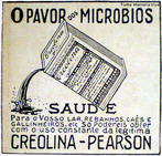 Imagem de uma propaganda de um produto utilizado para matar micrbios, a creolina, veiculada nos anos de 1930. Por meio dessa imagem pode-se trabalhar com as especificidades do gnero publicitrio e, tambm, as mudanas ocorridas na lngua portuguesa.  </br></br> Palavras-chave: Gnero textual. Publicidade. Linguagem verbal. Linguagem no verbal. Creolina. Micrbios. 