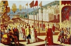 Imagem da pintura de Cndido Portinari, de 1952, em que  retratada a chegada da corte portuguesa, e D. Joo VI,  Bahia.  A imagem pode ser utilizada no momento da contextualizao do perodo Romntico. <br /><br /> Palavras-chave: Romantismo. D.Joo. Pintura. Portinari. Brasil. Colonizao. 