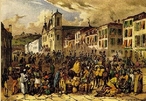 Imagem de Johann Moritz Rugendas, desenhista e documentarista, que mostra a Rua Direita, no Rio de Janeiro. Nesta imagem podemos ver a movimentao do comrcio no centro do Rio de Janeiro. Negros fazendo trabalhos diversos como a arte da marcenaria, da sapataria, da alfaiataria e, at mesmo, trabalhando como marinheiros e com vendas no geral.  <br /><br /> Palavras-chave: Rugendas. Comrcio. Rio de Janeiro. Centro da cidade.