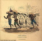 Imagem publicadas por Ludwig & Briggs, retratando carregadores de caf e os castigos fsicos sofridos pelos escravos, em 1840. O professor pode utilizar a imagem para contextualizar historicamente o perodo romntico. <br /><br /> Palavras-chaves: Carregadores de caf. Castigos fsicos. Escravos. Romantismo.