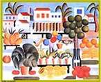 Imagem da obra "A Feira", de Tarsila do Amaral, que faz parte do movimento Modenista, que tinha como preocupao romper com todas as estruturas do passado - nasceu de uma rejeio aos padres arcaicos e  invaso cultural estrangeira que despersonalizava o nosso pas. <br /><br /> Palavras-chave: Tarcila. Modernista. Linguagem. Estrangeira.