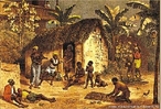 Imagem de Johann Moritz Rugendas, desenhista e documentarista. Retrata a moradia dos negros nas fazendas no interior do pas, tanto nos engenhos quanto naquelas destinadas apenas  agricultura. A imagem pode ser utilizada para contextualizar o perodo literrio Romntico. <br /><br /> Palavras-chave: Rugendas. Desenhista. Documentarista. Fazendas. Negros.