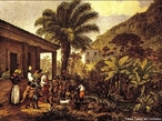 Imagem de Johann Moritz Rugendas, desenhista e documentarista, de 1824, que apresenta os ndios em uma fazenda de Minas Gerais. O pintor familiariza-se com as correntes artsticas neoclssicas e romnticas. <br /><br /> Palavras-chave: Rugendas. ndio. Romantismo. Neoclssica. 