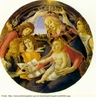 Pintado, em 1485, pelo renascentista Sandro Botticelli, a Madonna representa a coroao da personagem bblica Maria, com o menino ao colo e vrias crianas em volta. Representa a religiosidade catlica e, principalmente, a venerao  Maria.  <br /><br /> Palavras-chave: Renascena. Sandro Botticelli. Madonna. Religiosidade. Catolicismo.