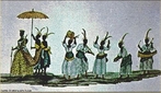 Imagem da ilustrao de Carlos Julio,"Coroao de uma rainha na Festa de Reis",  de 1776. Nota-se nesse ritual pblico de coroao de uma rainha negra as diferentes vestimentas utilizadas pelo cortejo e os instrumentos musicais, todos de matriz africana. Por meio da imagem pode-se associar a diversas manifestaes culturais presenciadas pelas diversas regies do pas.  <br /><br /> Palavras-chave: Cultura negra. Rainha. Manifestaes. Festa de Reis. Africa.