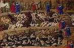 Imagem da ilustrao de Sandro Botticelli, do sculo XV, referente ao Canto XVIII de "A Divina Comdia". Nesta imagem temos os sedutores e rufies (em sentidos opostos) sendo aoitados por diabos na primeira vala. No primeiro plano, segunda vala, v-se os aduladores imersos no esterco. A imagem pode ser utilizada para se trabalhar com a obra de Dante Alighieri, especialmente, o "Inferno", primeiro dos trs longos poemas que formam a Comdia. <br /><br /> Palavras-chave:  Inferno. Poemas. Comdia. Dante Alighieri. 