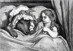 Imagem feita por Paul Gustave Dor, pintor, desenhista e ilustrador francs, de meados do sculo XIX. Nela temos a representao de Chapeuzinho Vermelho e o lobo, aps ele ter devorado a vov.  <br /><br /> Palavras-chave: Gustave Dor. Chapeuzinho Vermelho. Conto de fadas. 