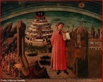 Imagem de Domenico di Michelino (1460), que mostra Dante, ao centro, com o livro a Divina Comdia em suas mos. O Inferno est  sua direita. A montanha do Purgatrio est ao fundo, e em seu pico est o Paraso Terrestre. Acima, o cu - o Paraso. Imagem pertencente  Corbis Image Collection.  <br /><br /> Palavras-chave: Divina Comdia. Inferno. Purgatrio. Paraso. Dante.