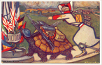 Imagem do desenho de F. Sancha, de 1915, segundo o catlogo Neudin "Illustrateurs". Esta imagem faz parte de uma srie de seis cartes-postais sobre as fbulas de Esopo adaptadas para a Primeira Guerra Mundial. No verso dos cartes h sempre uma explicao resumida da fbula e da histrica aliana dos pases em guerra. Nesta imagem, a tartaruga vencendo a lebre corrida.  <br /><br /> Palavras-chave: Fbulas. Esopo. Tartaruga e a Lebre. Literatura. Carto-postal.