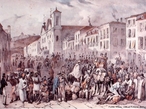 Imagem do Rio de Janeiro, a capital e principal centro urbano do pas em 1808. A imagem pode ser utilizada para exemplificar historicamente o perodo literrio compreendido pelas ltimas produes do movimento rcade, considerado, tambm, um momento de transio na literatura brasileira, com mudanas de foco artstico e cultural da Bahia para o Rio de Janeiro, capital da colnia desde o ano de 1763. <br /><br /> Palavras-chave: Rio de Janeiro. Costumes de poca. Literatura. Arcadismo. 